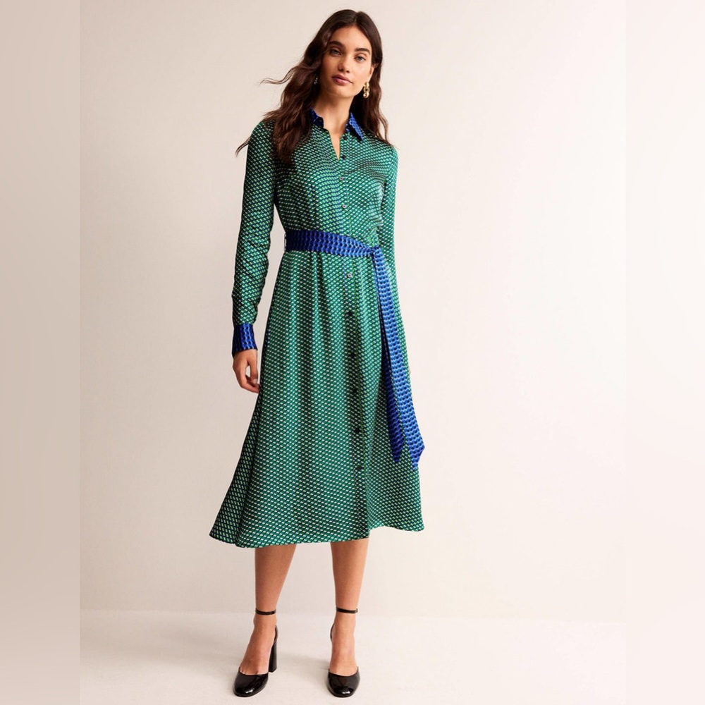 Boden Kate Satin Shirt Dress Green Blue Print Belted Size 6